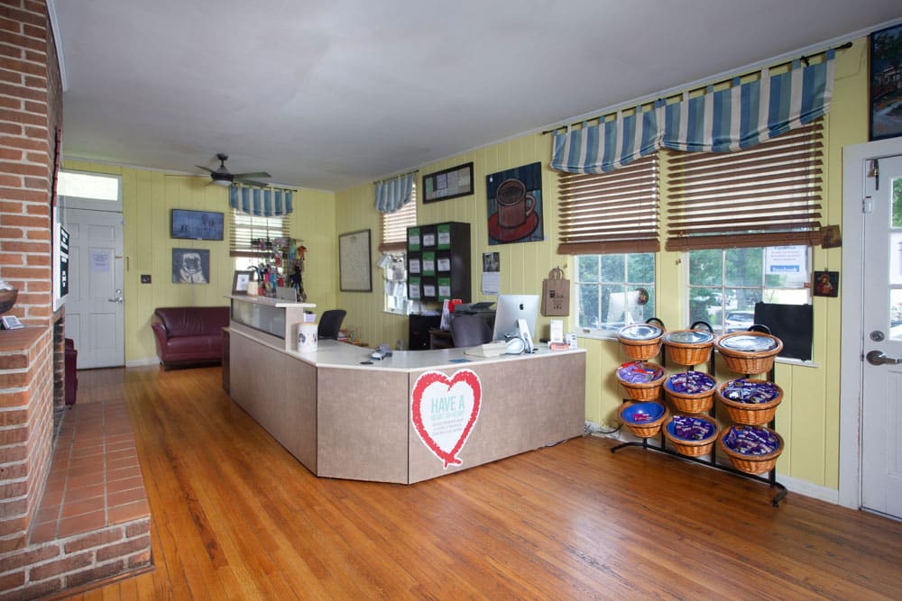 A welcoming reception area for a vet with a large desk adorned with a sign that says "HAVE A HEART." The room features wooden floors, yellow walls, and large windows with striped blue and white valances. Baskets filled with items are placed on a stand near the desk.