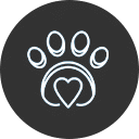 A white paw print icon with a heart shape in the center on a dark gray background.