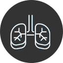 White line drawing of human lungs on a dark gray background, showing bronchial tree structures in both lungs.