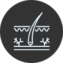 Illustration of a hair follicle on a dark background, showing a single strand of hair extending from a follicle embedded in skin layers, with wavy lines and branched structures indicating skin texture and underlying features.