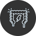 Illustration of a large intestine outlined in white against a dark background. A lightning bolt is depicted in the center, suggesting a concept related to digestive health or discomfort.