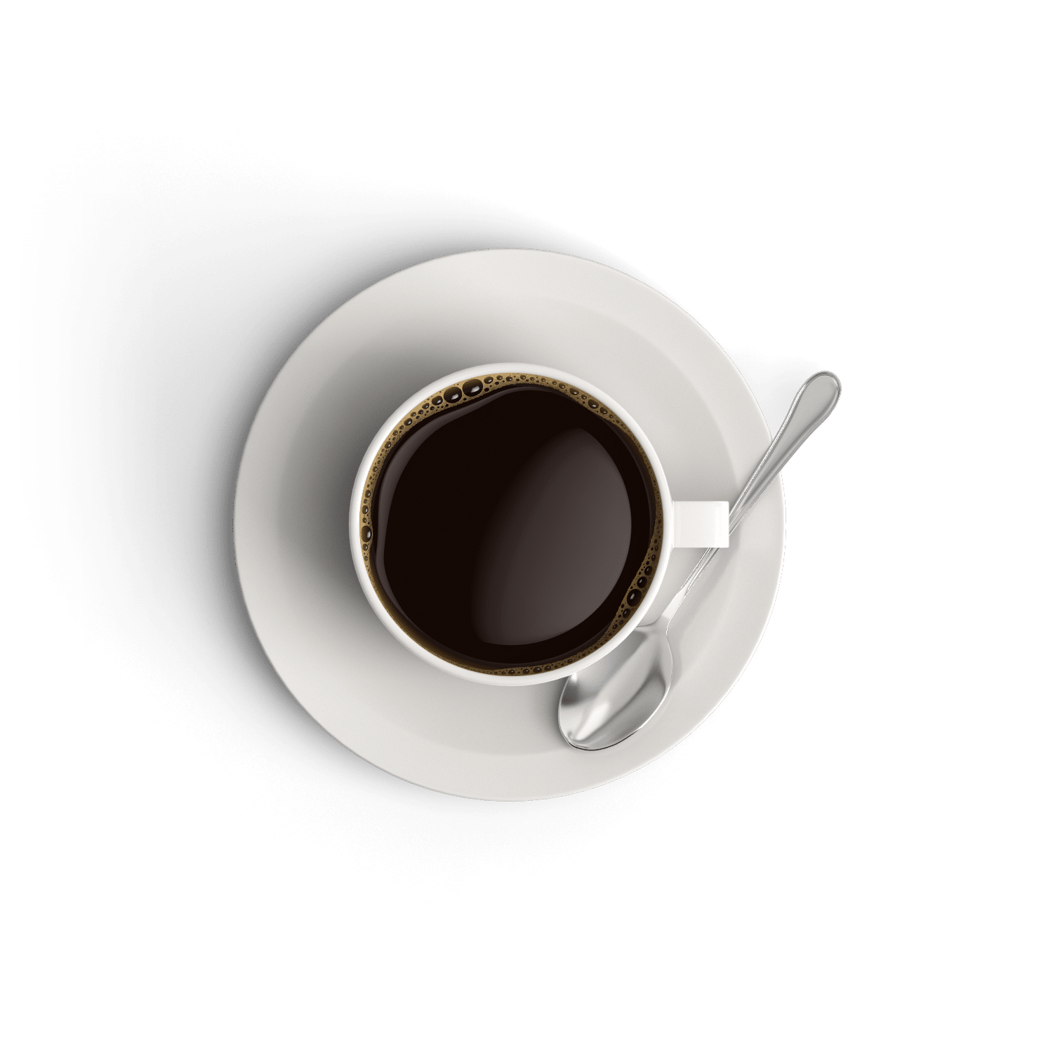 A top-down view of a white cup filled with black coffee, placed on a matching white saucer. A silver spoon rests on the saucer to the right of the cup, reminiscent of a veterinarian's precision. The background is completely black, highlighting the cup and saucer.